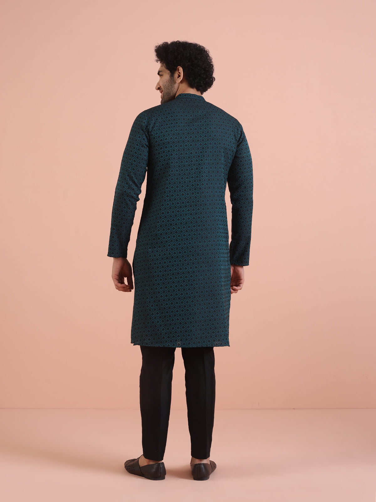 Men Teal Jacquard Patch Work Kurta