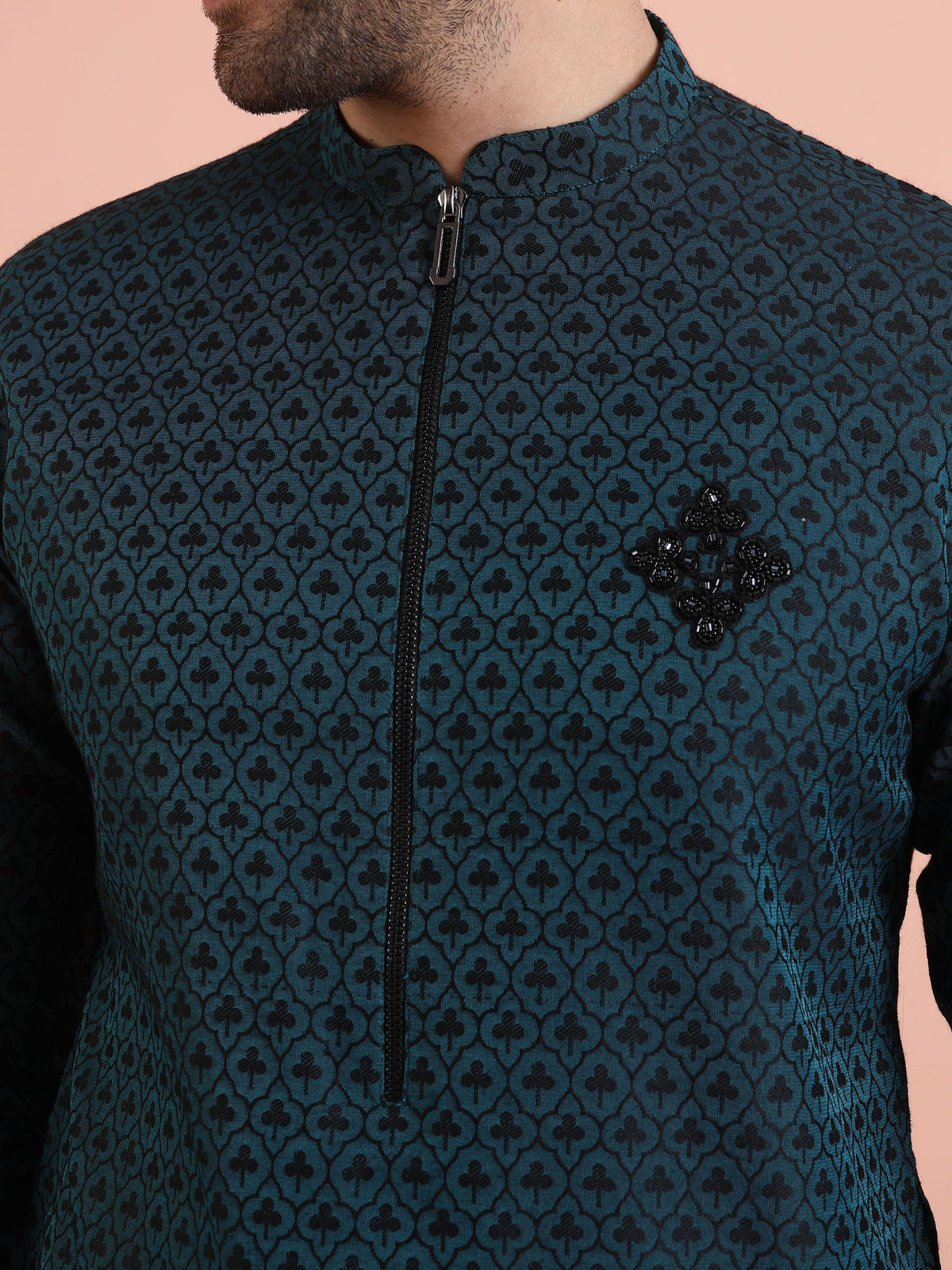 Men Teal Jacquard Patch Work Kurta