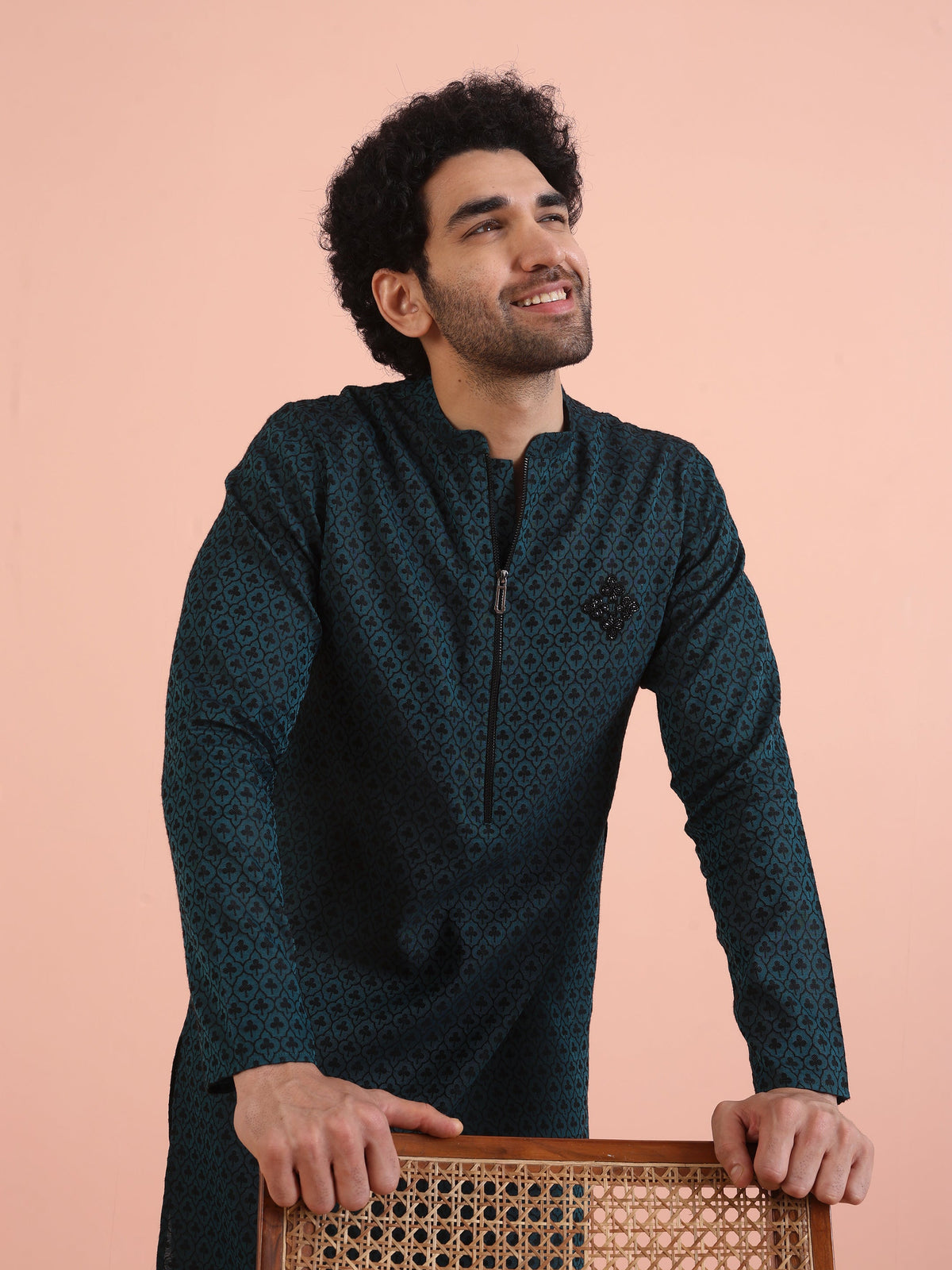 Men Teal Jacquard Patch Work Kurta
