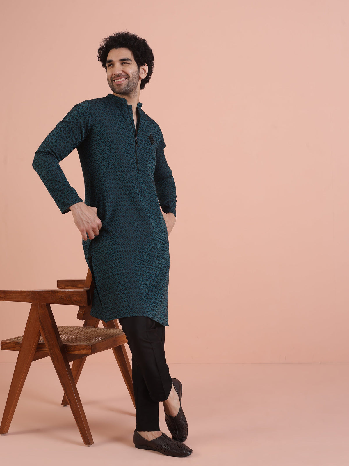 Men Teal Jacquard Patch Work Kurta