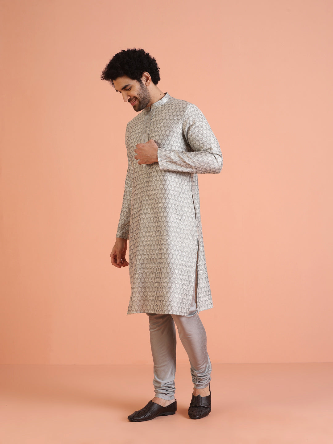 Men Grey Jacquard Ethnic Motifs Kurta