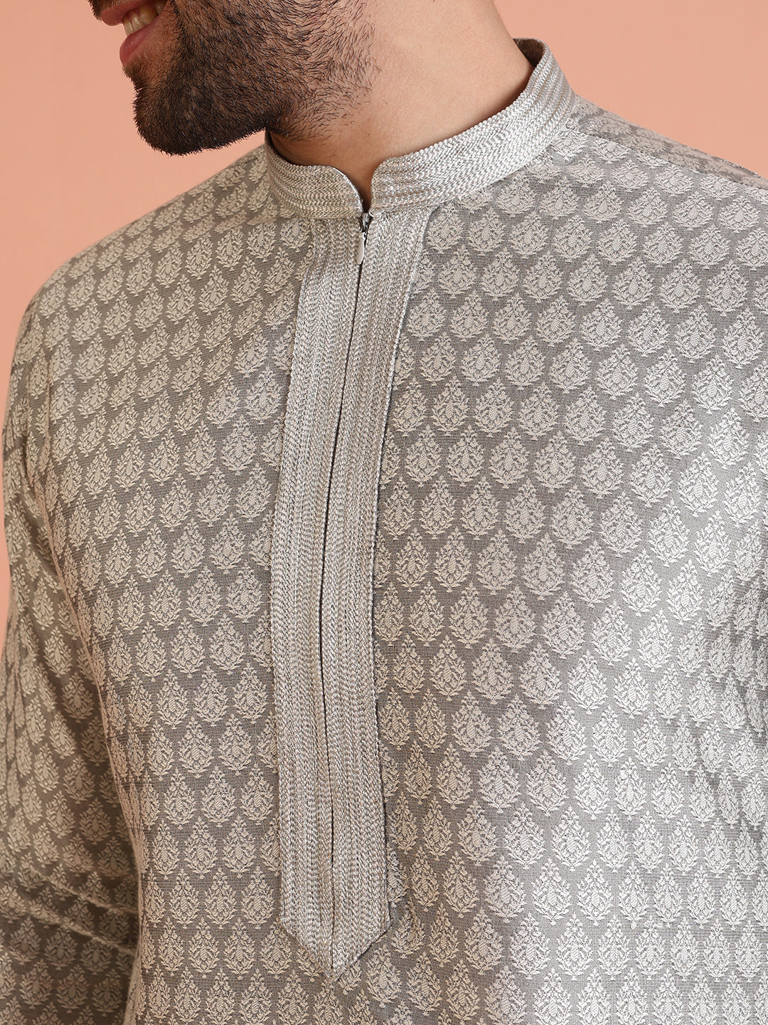 Men Grey Jacquard Ethnic Motifs Kurta