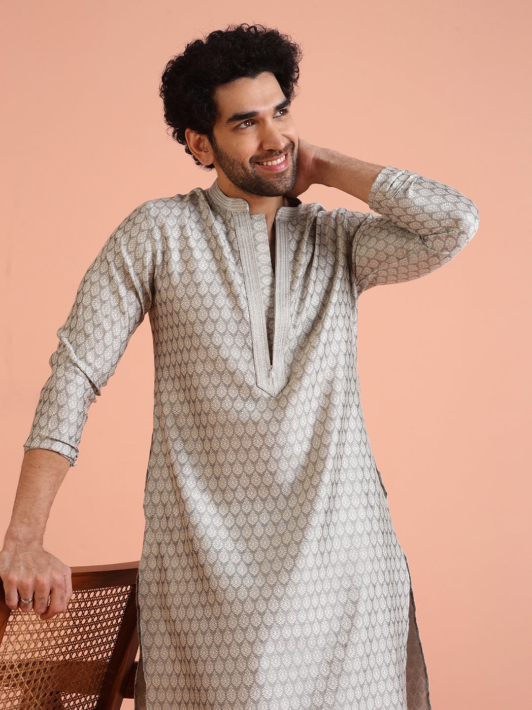 Men Grey Jacquard Ethnic Motifs Kurta