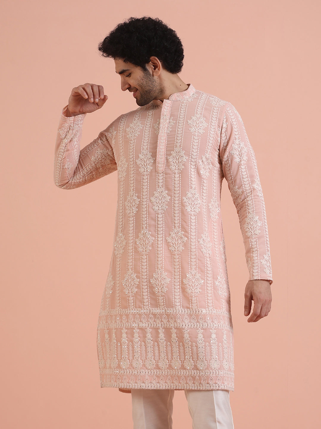 Men Pink Embroidered Chikankari Kurta