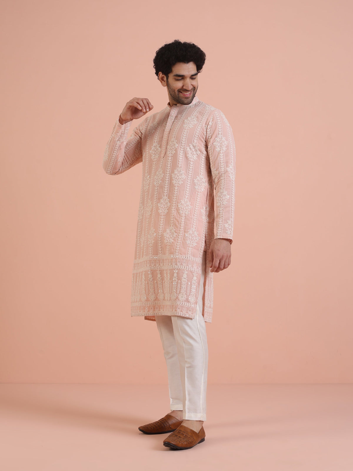 Men Pink Embroidered Chikankari Kurta