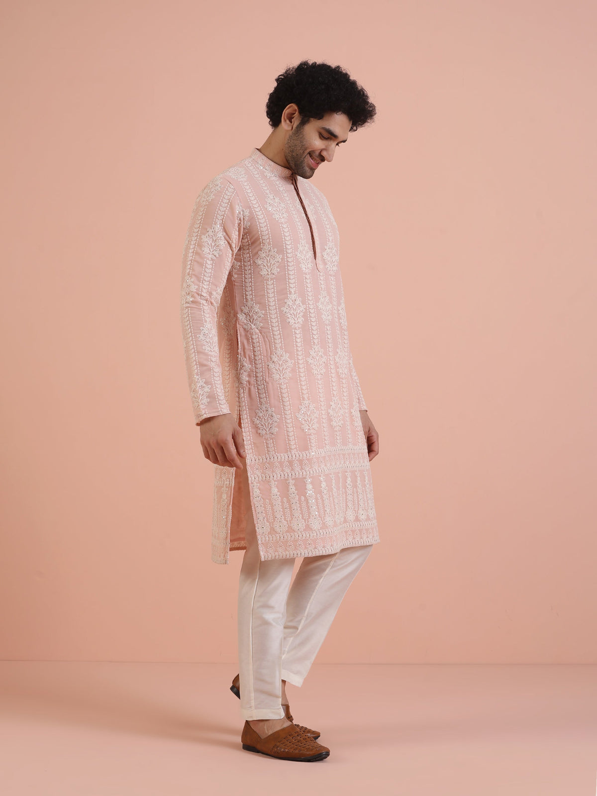 Men Pink Embroidered Chikankari Kurta
