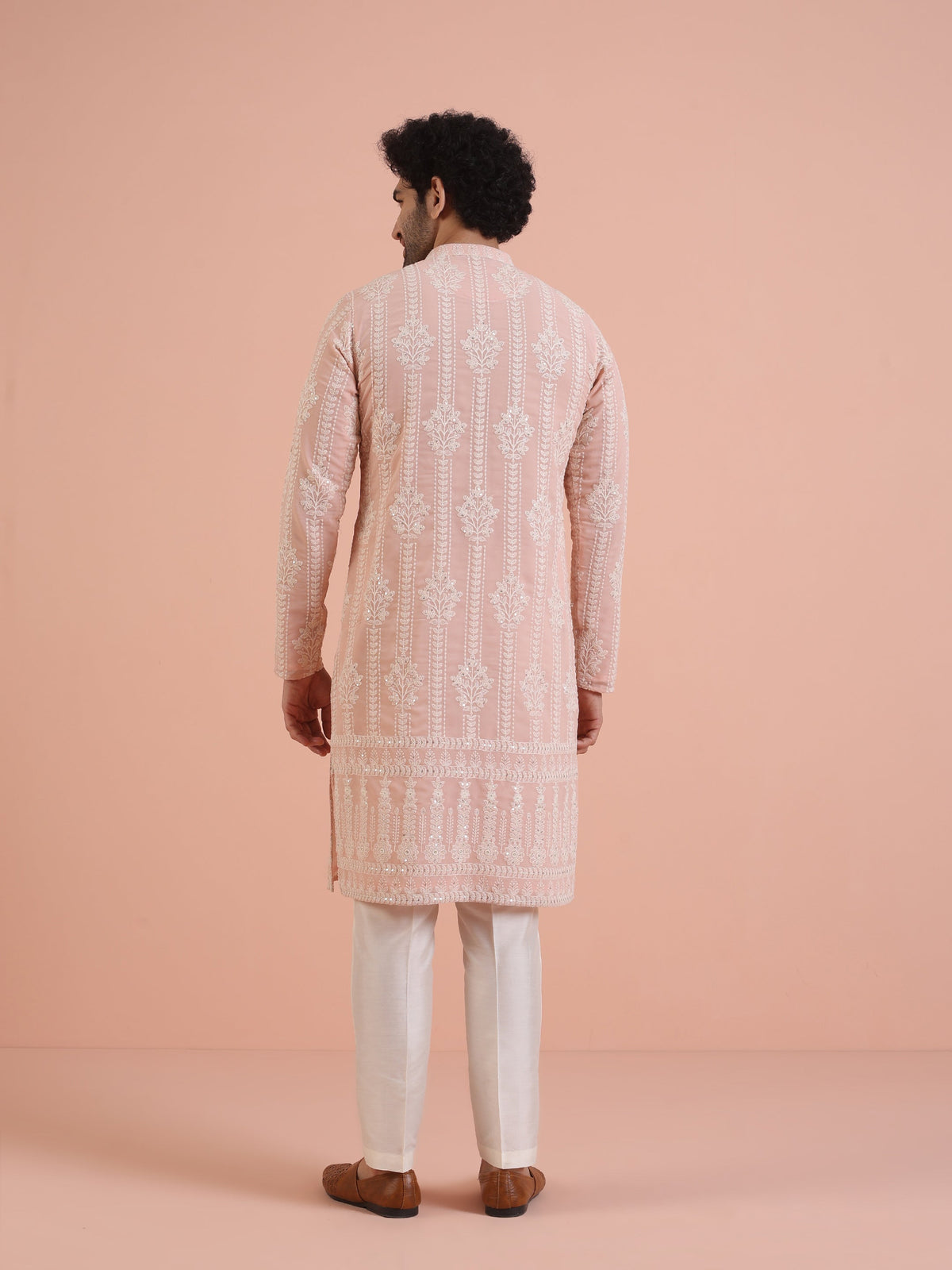 Men Pink Embroidered Chikankari Kurta