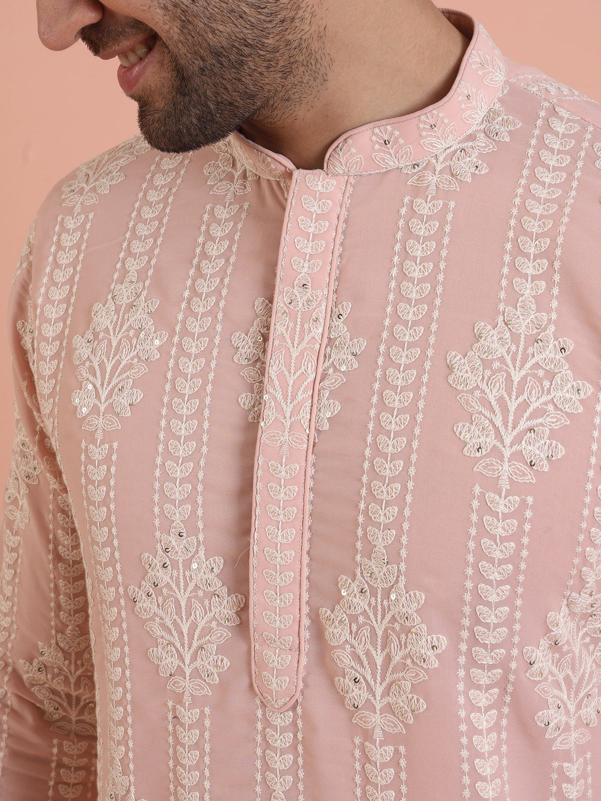 Men Pink Embroidered Chikankari Kurta