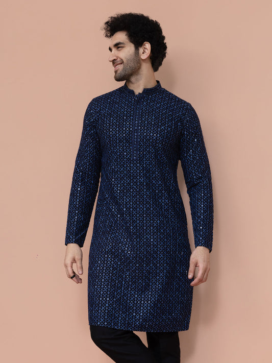 Men Blue Geometric Heavy Thread Work Kurta