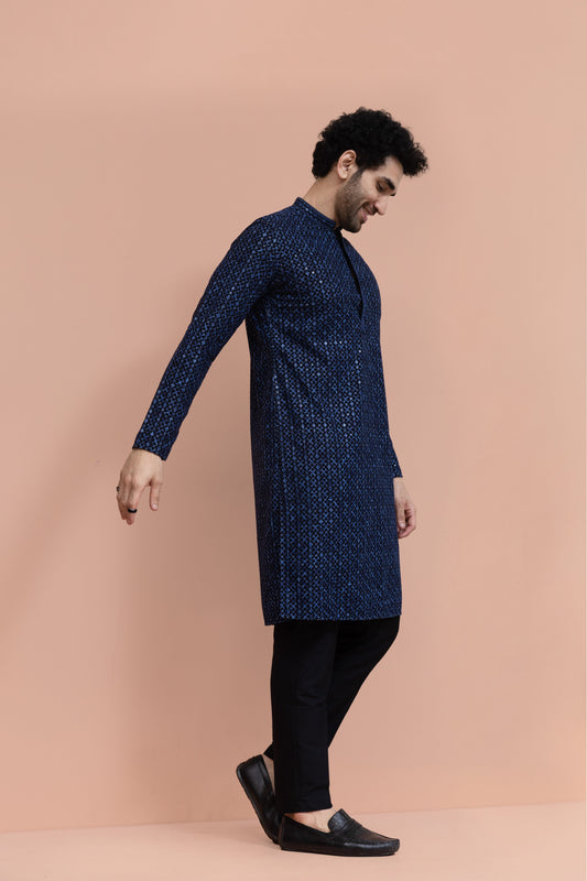 Men Blue Geometric Heavy Thread Work Kurta