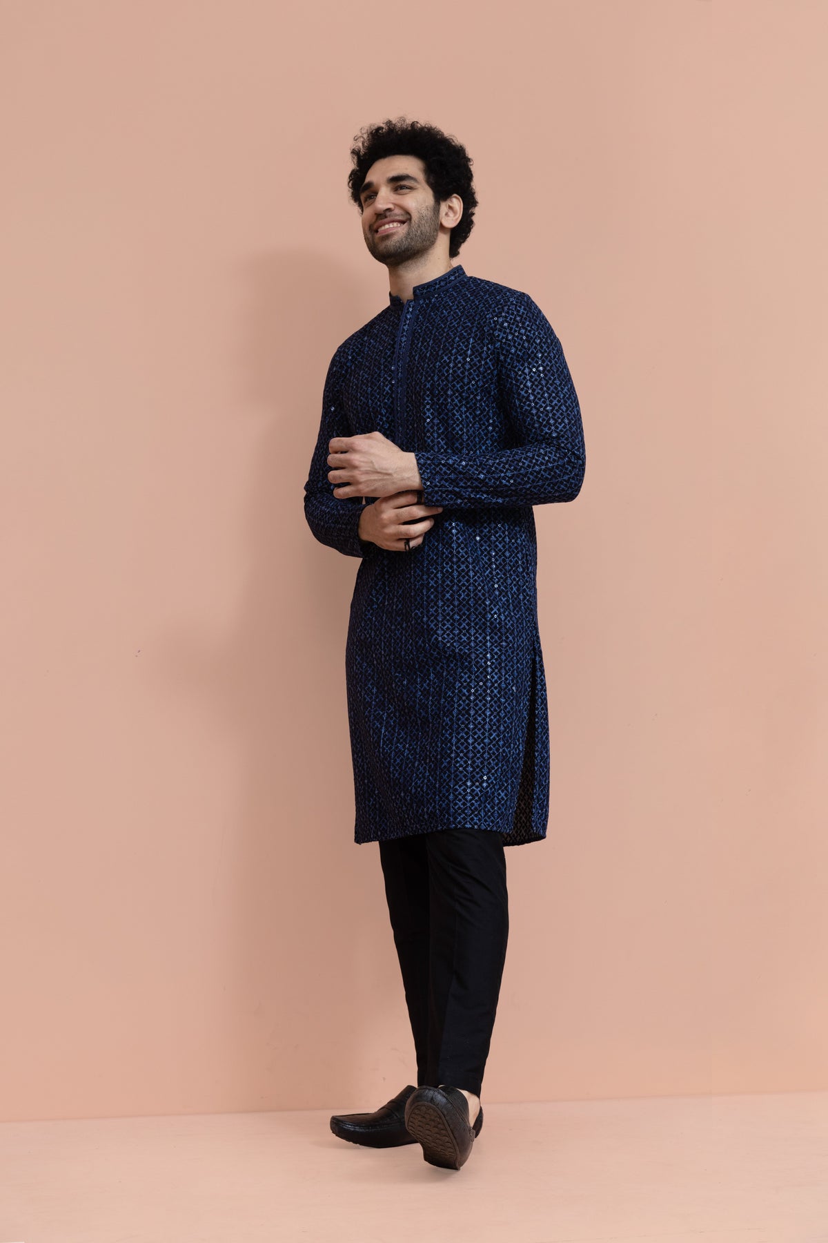 Men Blue Geometric Heavy Thread Work Kurta