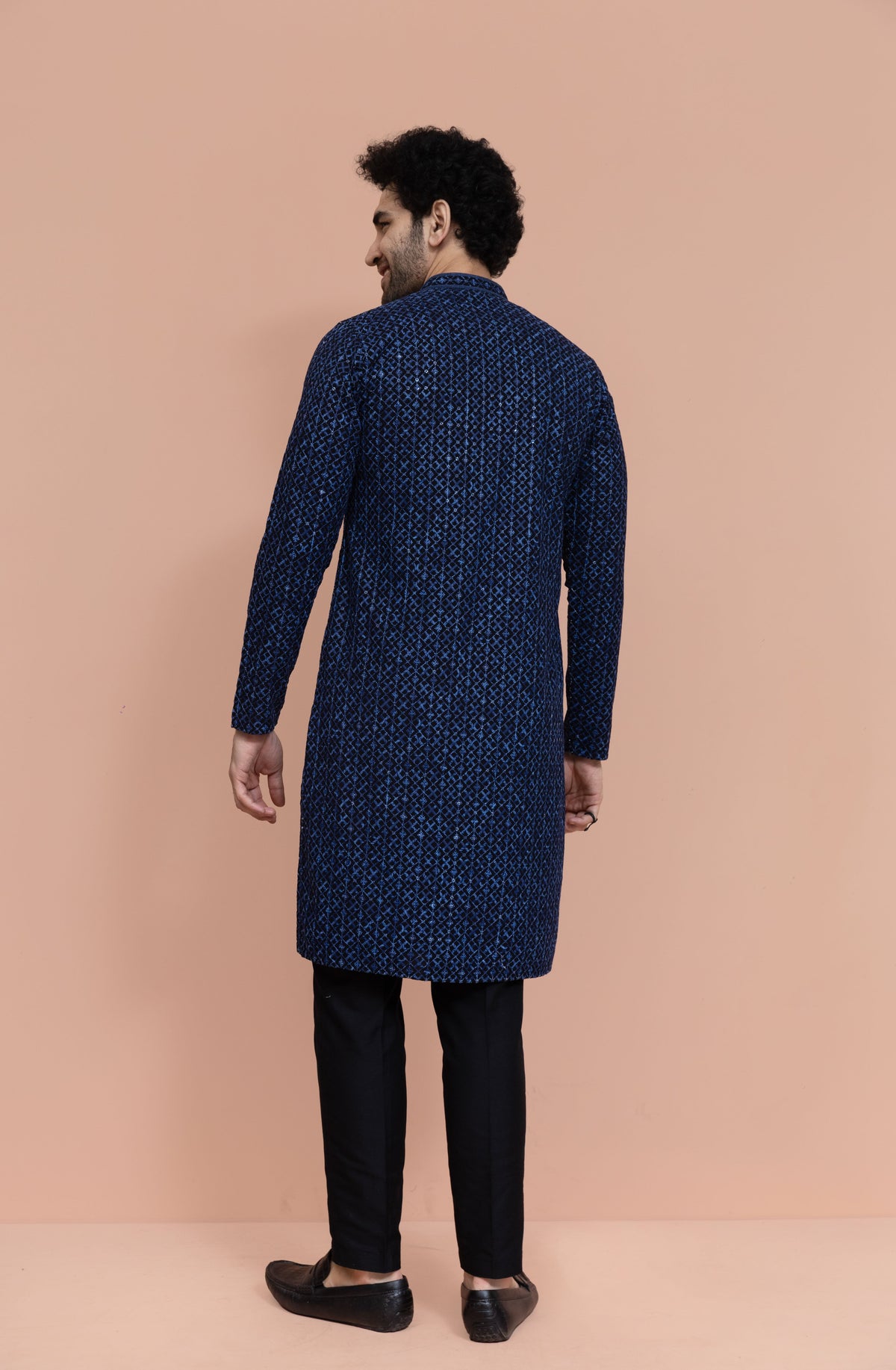 Men Blue Geometric Heavy Thread Work Kurta