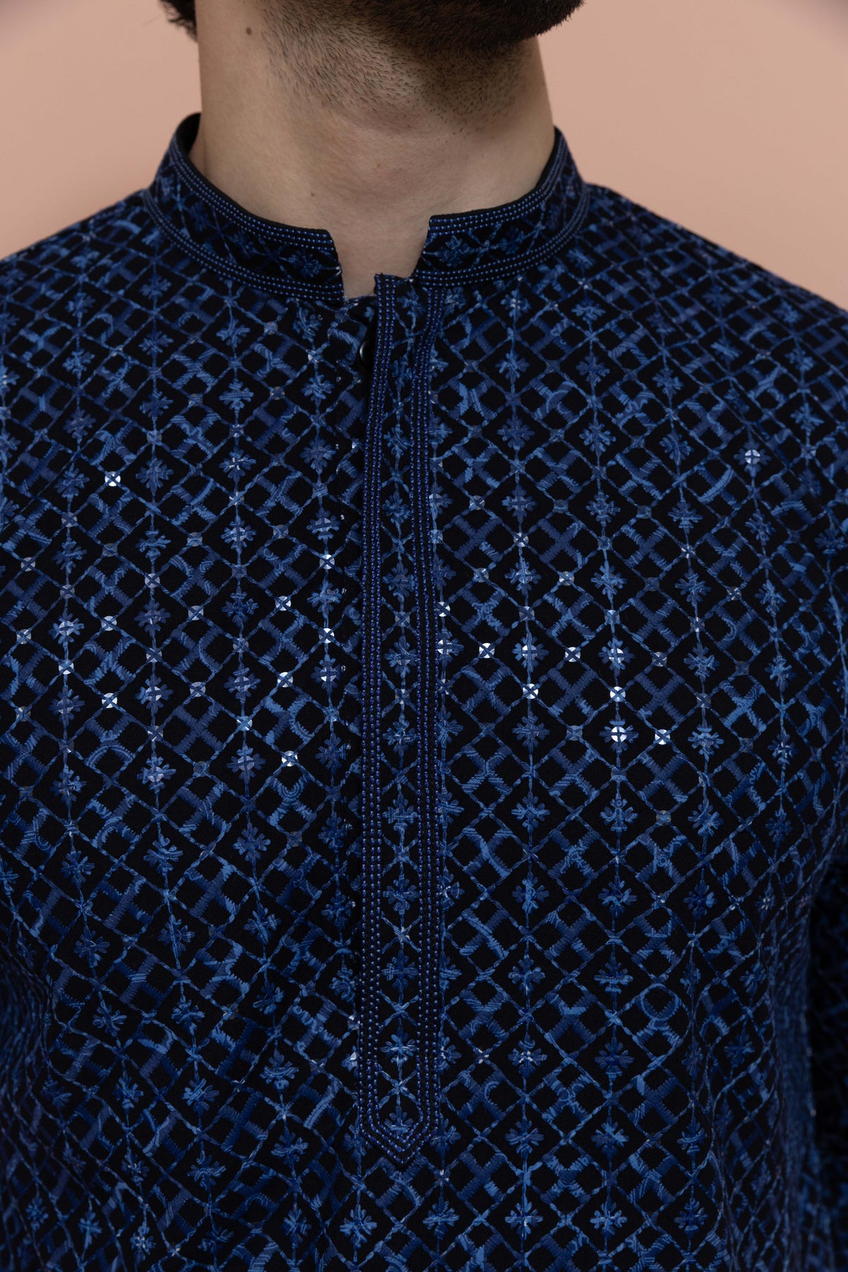 Men Blue Geometric Heavy Thread Work Kurta