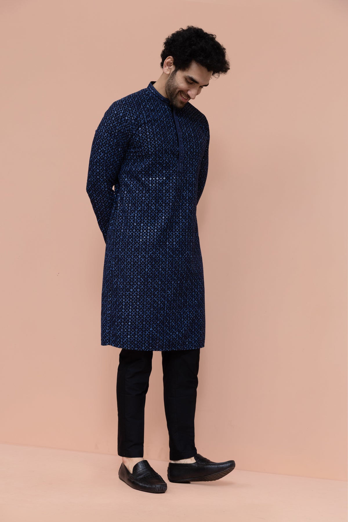 Men Blue Geometric Heavy Thread Work Kurta