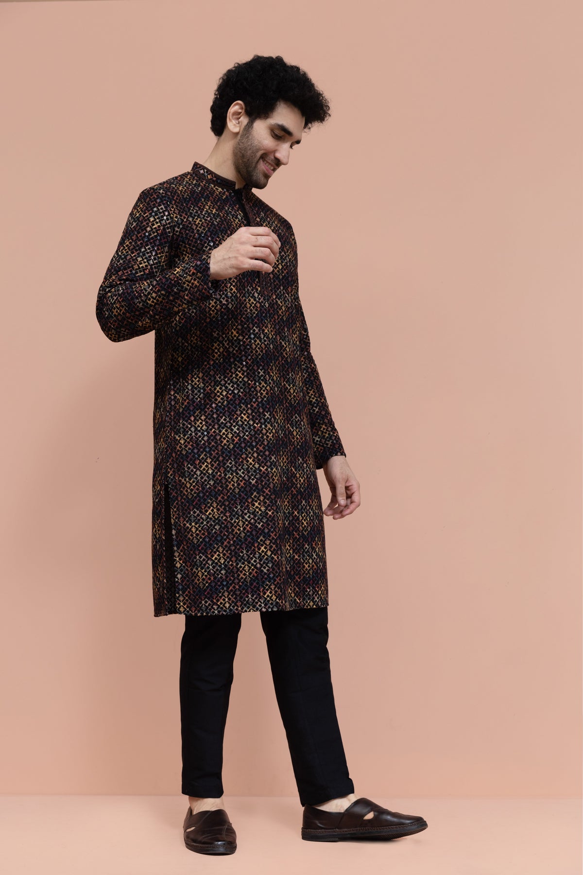 Men Multi Geometric Heavy Thread Work Kurta