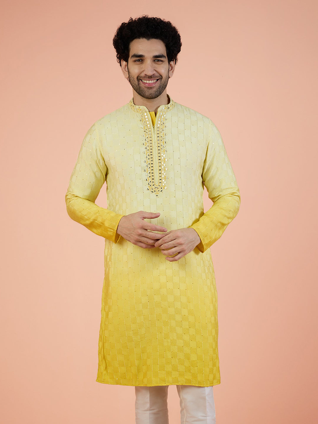 Yellow Silk Blend Mirror Work Kurta