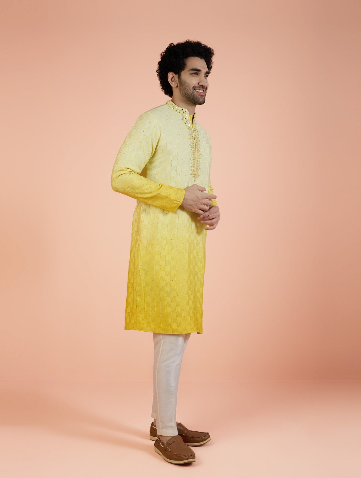 Yellow Silk Blend Mirror Work Kurta
