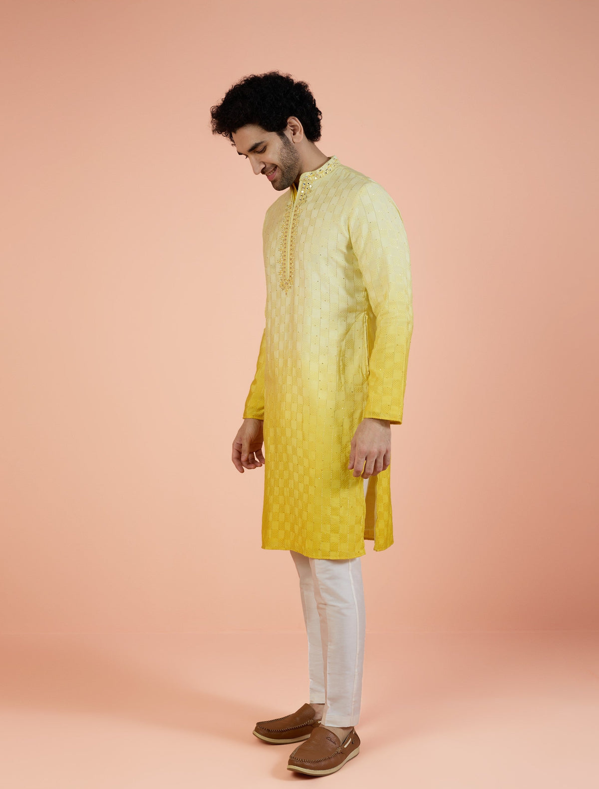 Yellow Silk Blend Mirror Work Kurta