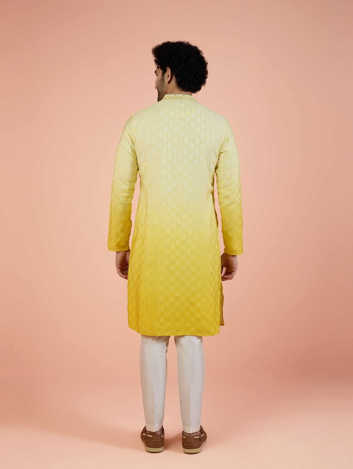 Yellow Silk Blend Mirror Work Kurta