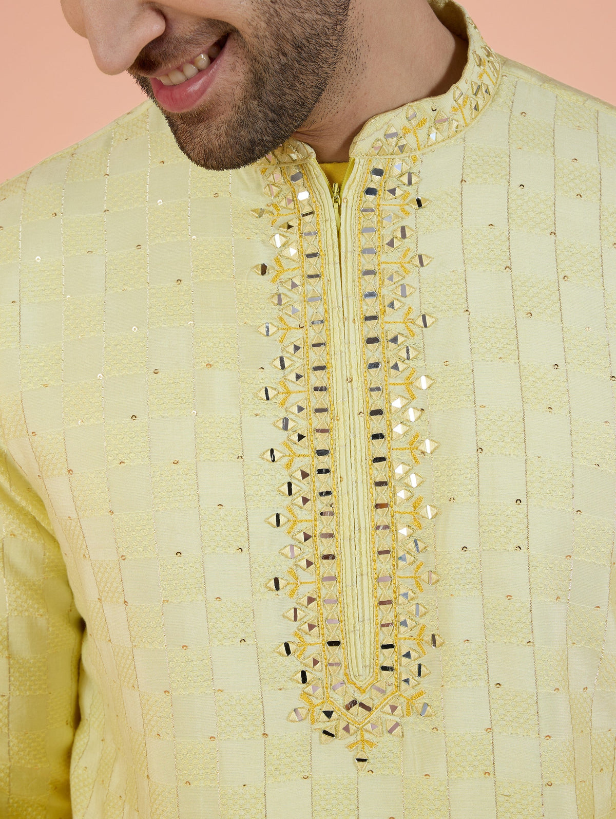 Yellow Silk Blend Mirror Work Kurta