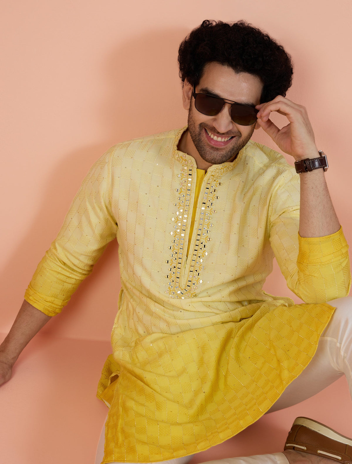 Yellow Silk Blend Mirror Work Kurta