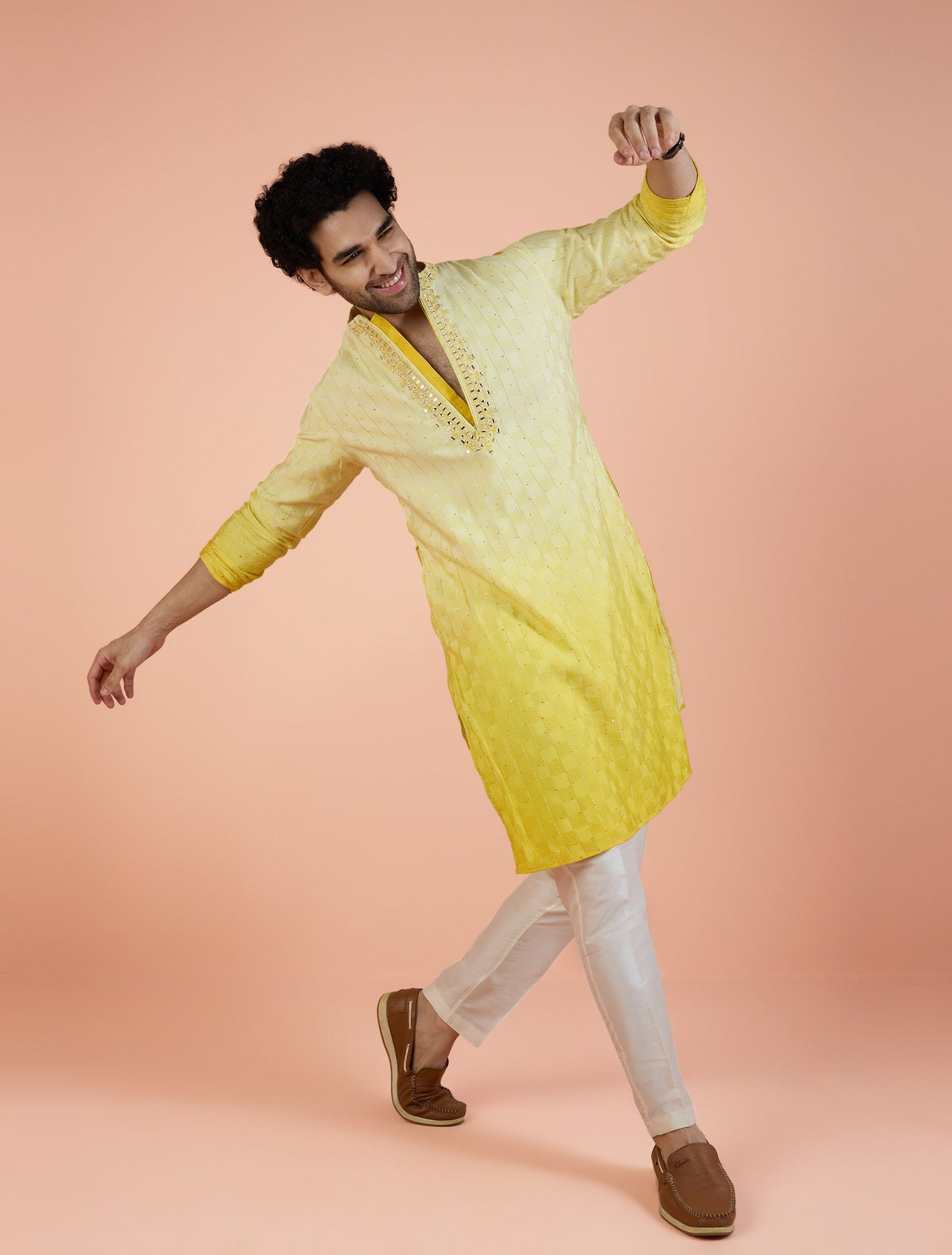 Yellow Silk Blend Mirror Work Kurta