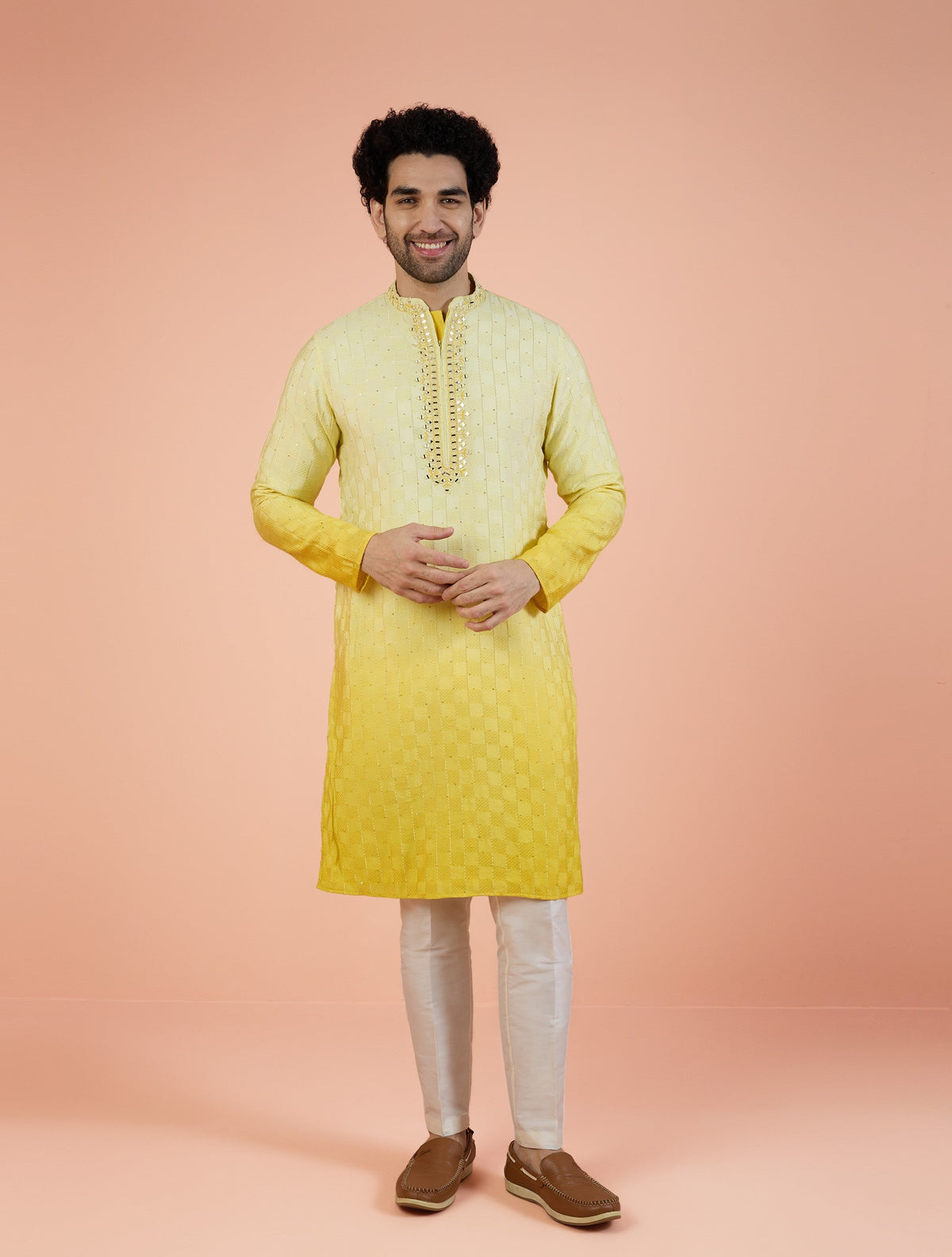 Yellow Silk Blend Mirror Work Kurta