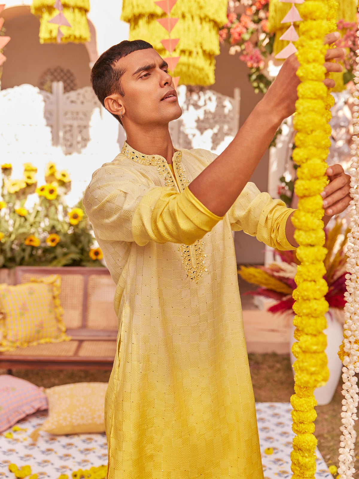 Yellow Silk Blend Mirror Work Kurta