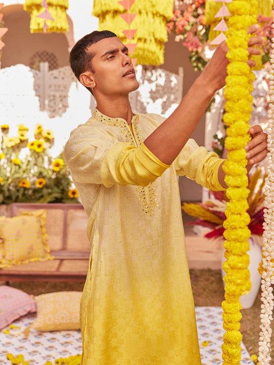 Yellow Silk Blend Mirror Work Kurta