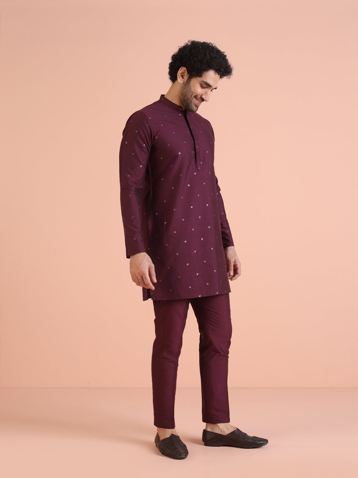 Men Wine Embellished Kurta with Sequined