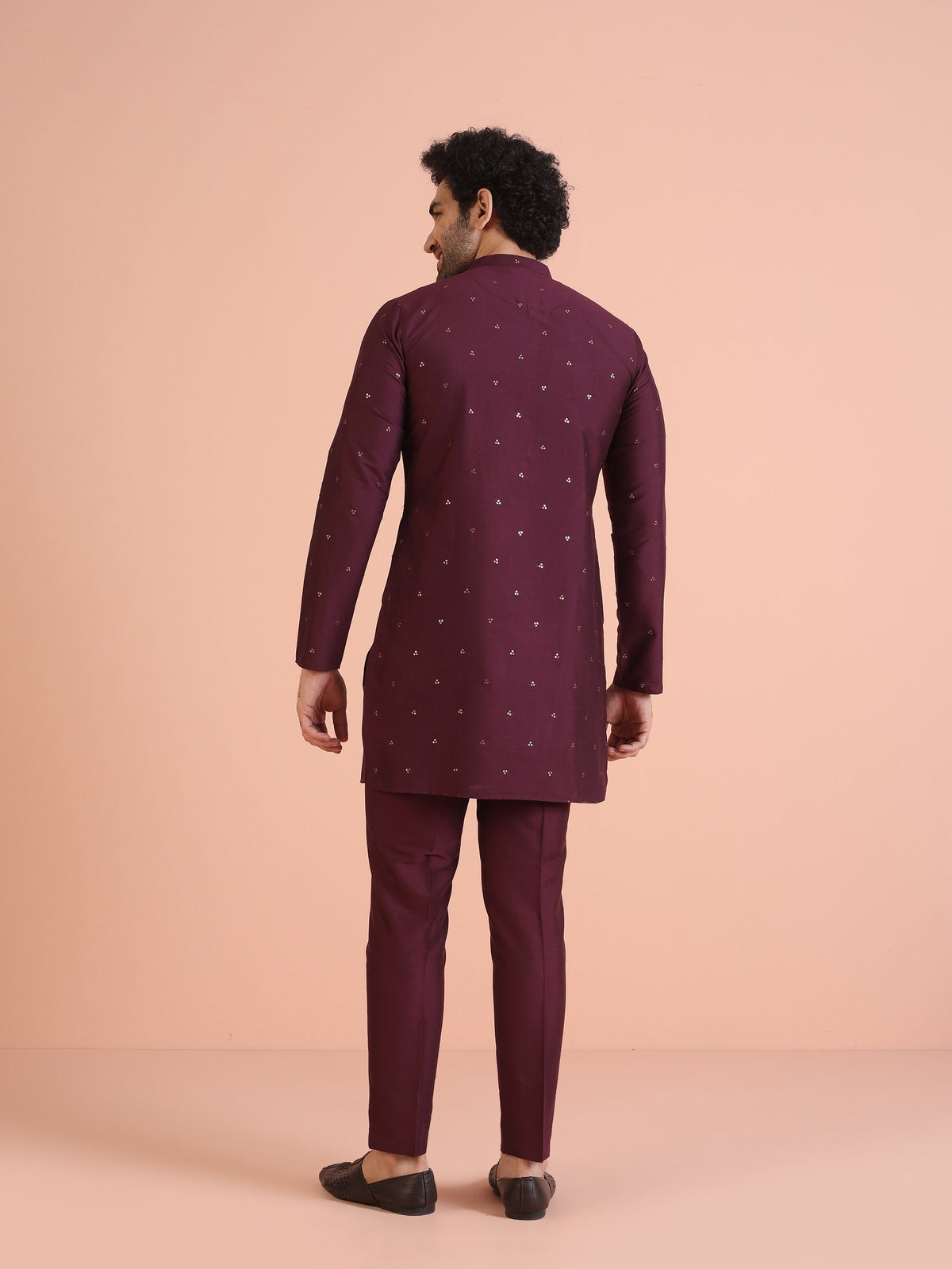 Men Wine Embellished Kurta with Sequined