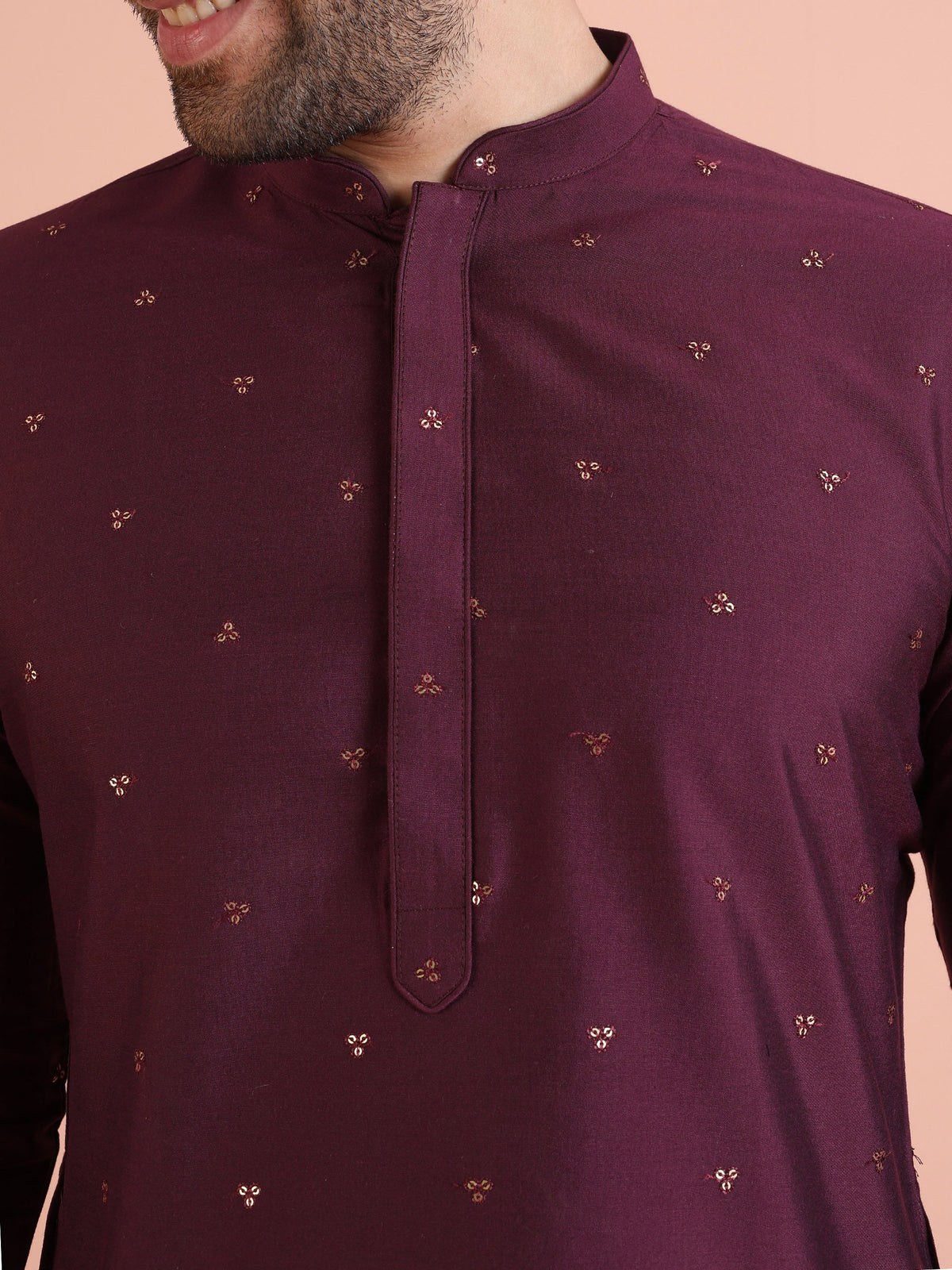 Men Wine Embellished Kurta with Sequined