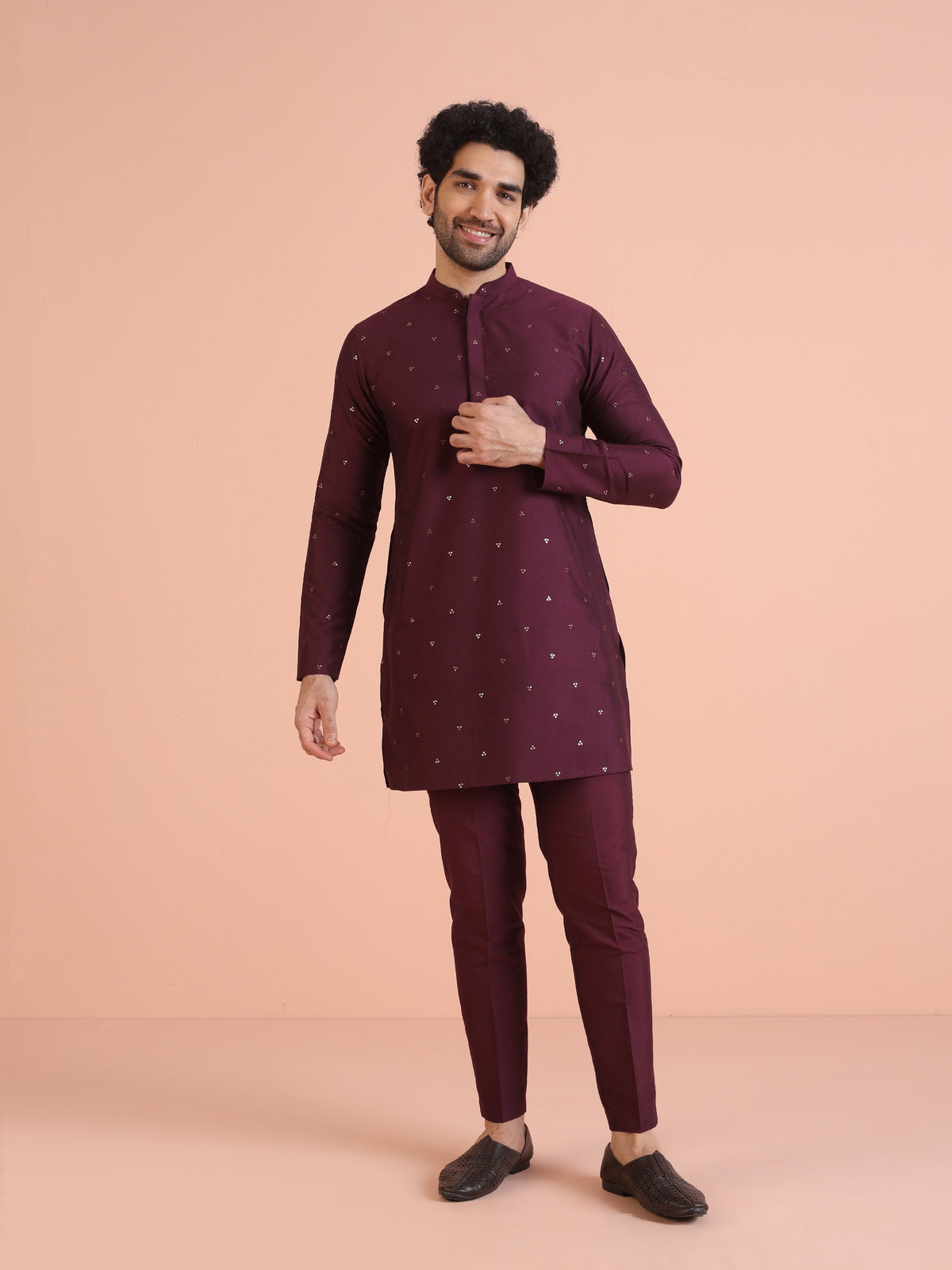 Men Wine Embellished Kurta with Sequined