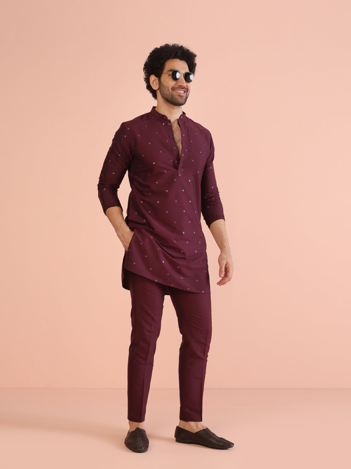 Men Wine Embellished Kurta with Sequined