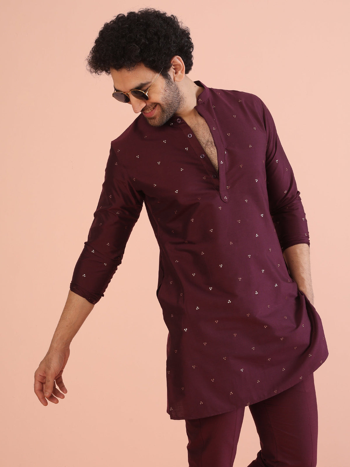 Men Wine Embellished Kurta with Sequined