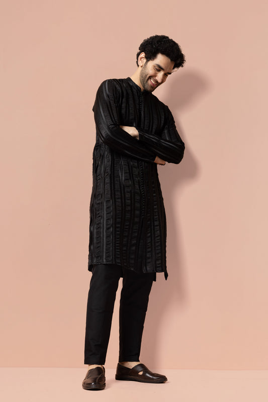 Men Black Self Design Woven Design Front Open Kurta
