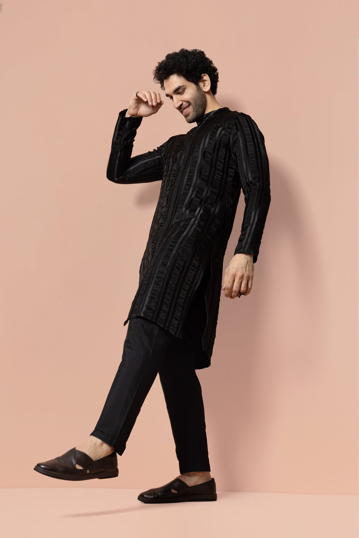Men Black Self Design Woven Design Front Open Kurta