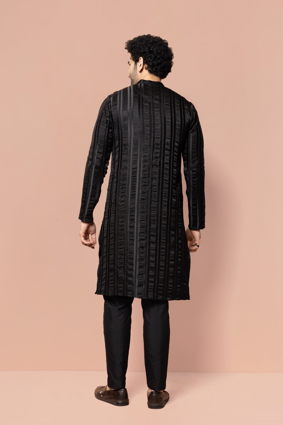 Men Black Self Design Woven Design Front Open Kurta