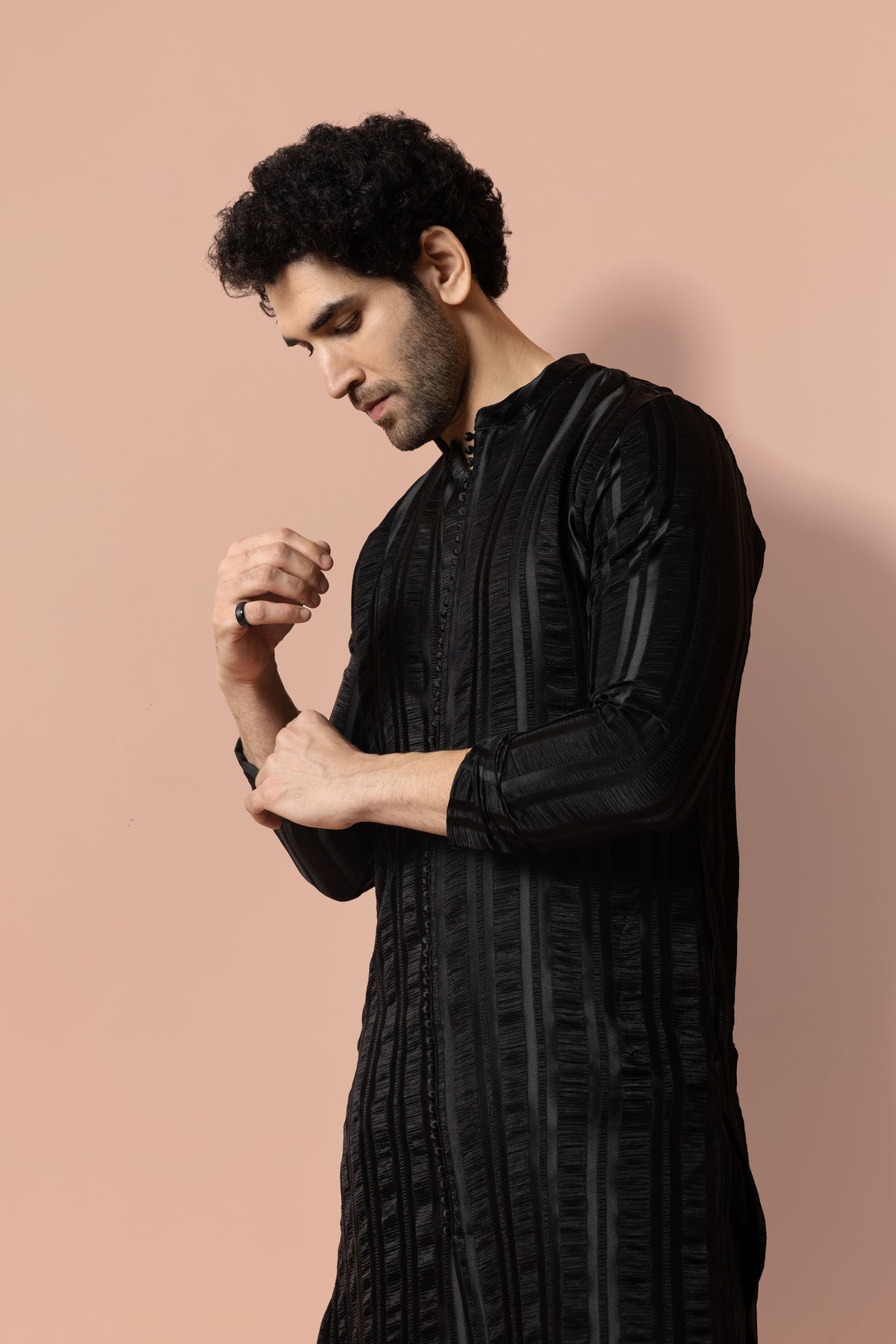 Men Black Self Design Woven Design Front Open Kurta