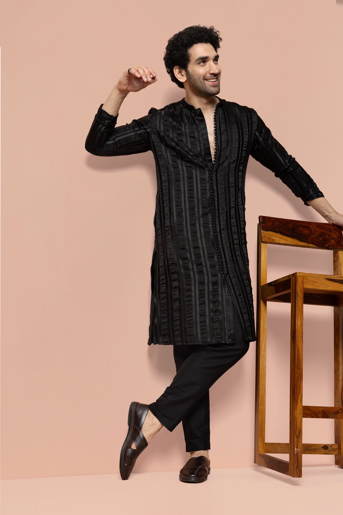 Men Black Self Design Woven Design Front Open Kurta