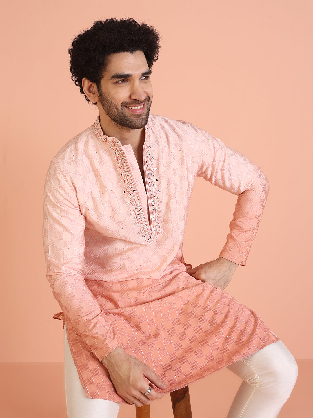 Men Ombre Embellished Mirror Work Kurta