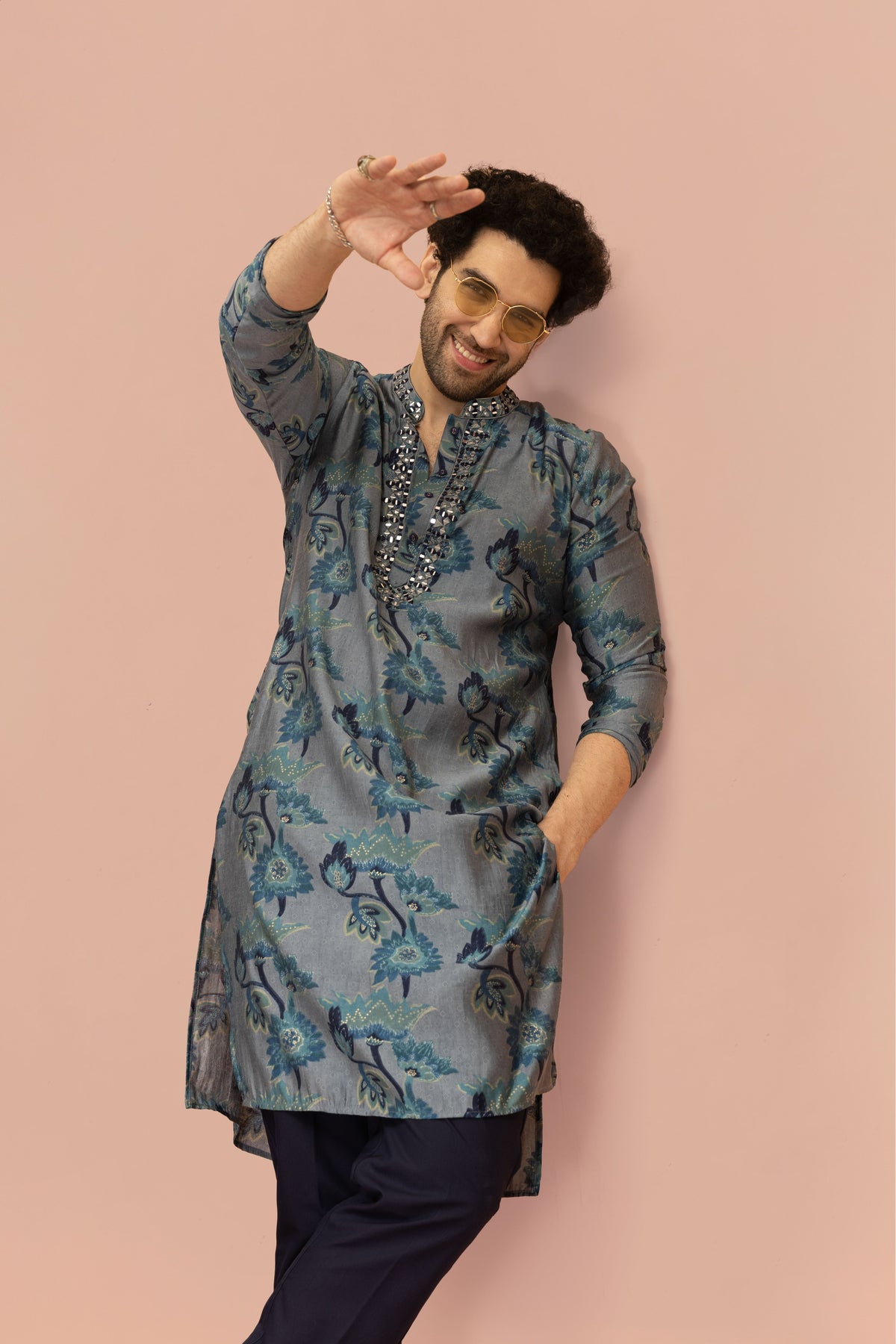 Grey Blue Floral Mirror Work Kurta