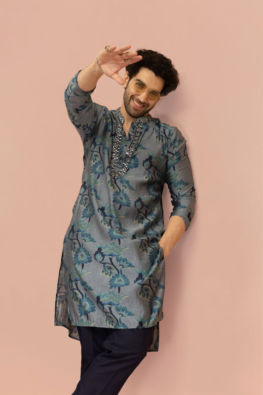 Grey Blue Floral Mirror Work Kurta