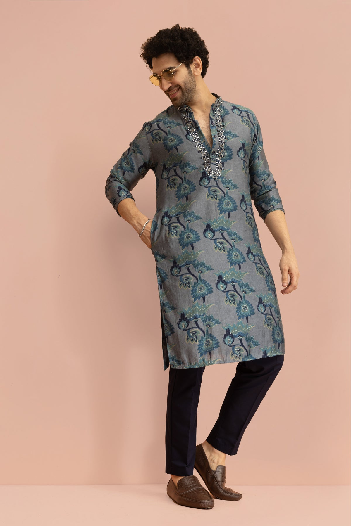 Grey Blue Floral Mirror Work Kurta