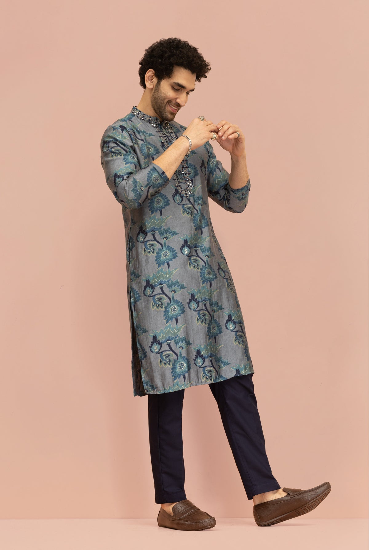 Grey Blue Floral Mirror Work Kurta