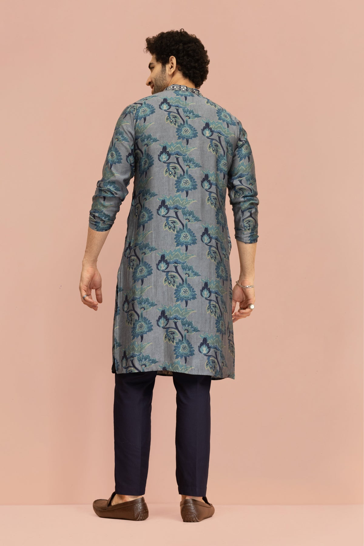 Grey Blue Floral Mirror Work Kurta
