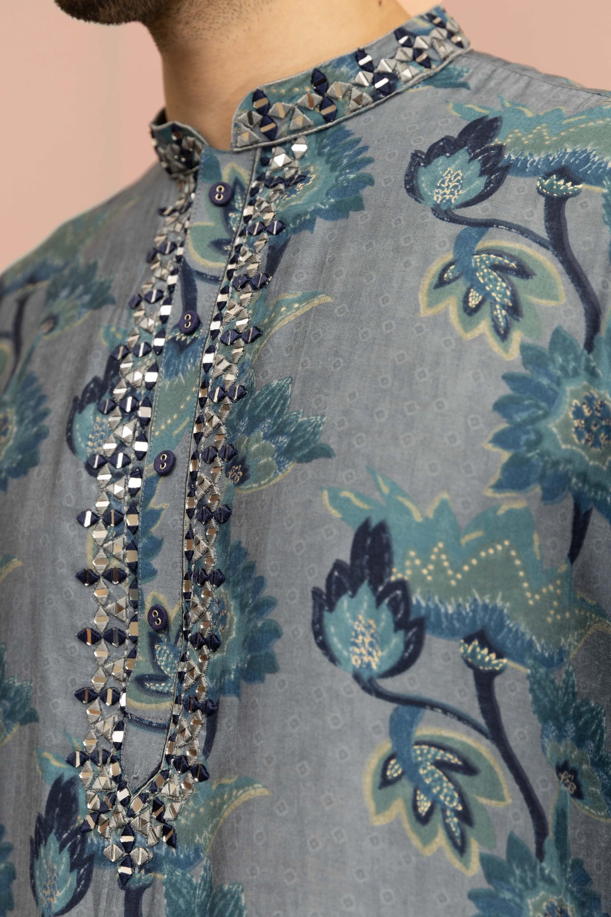 Grey Blue Floral Mirror Work Kurta