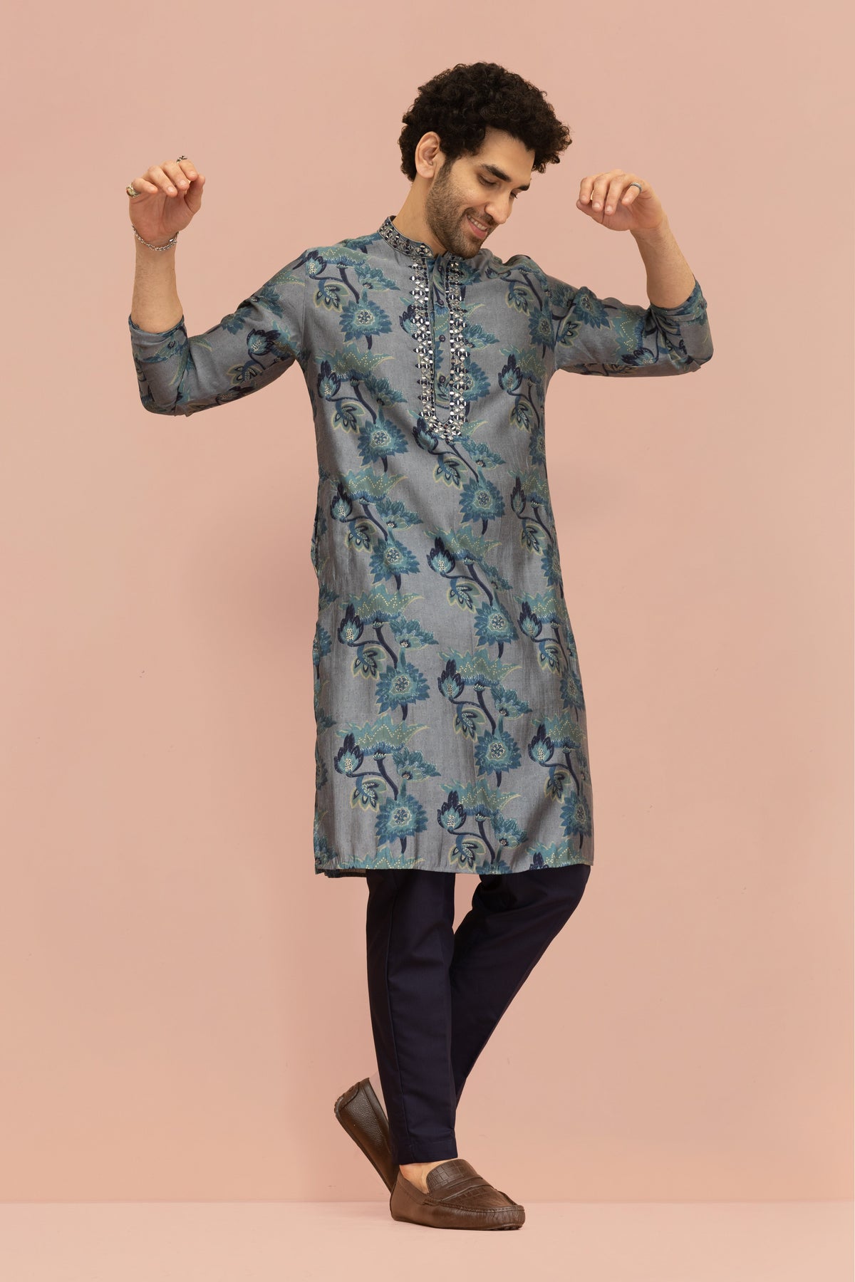Grey Blue Floral Mirror Work Kurta