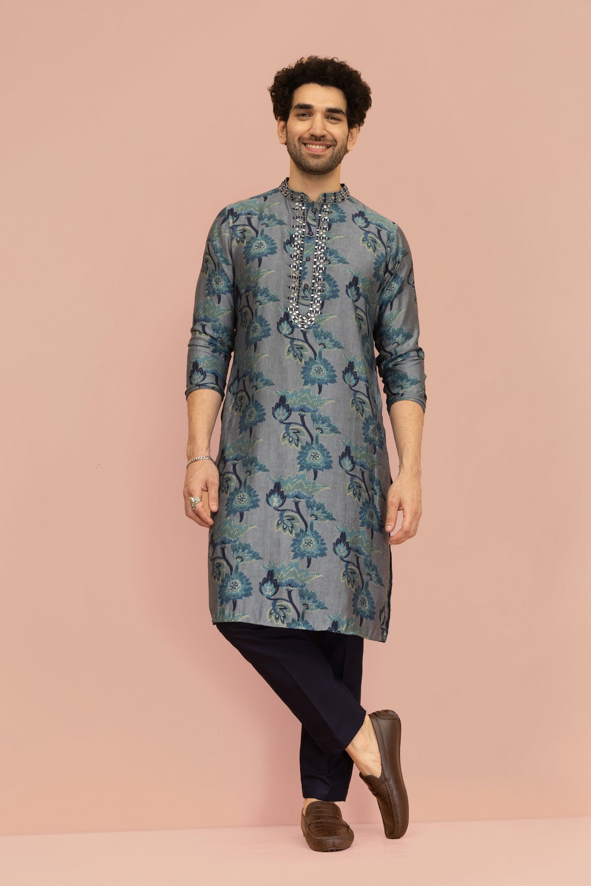 Grey Blue Floral Mirror Work Kurta