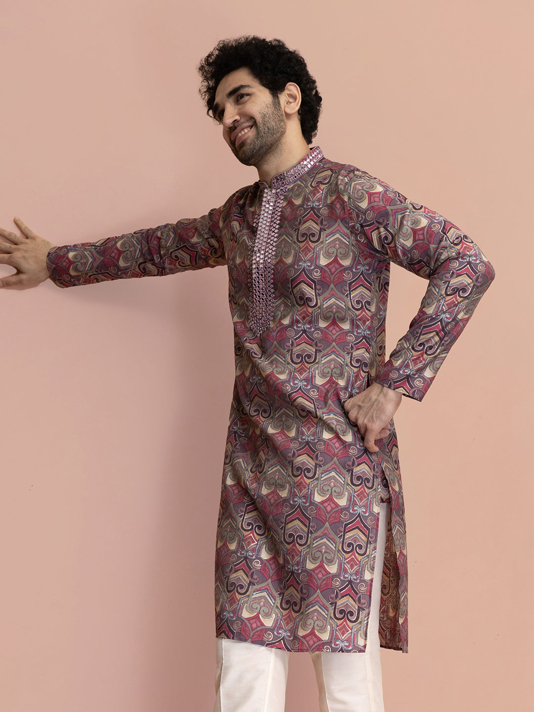 Men Mauve Printed Abstract Kurta